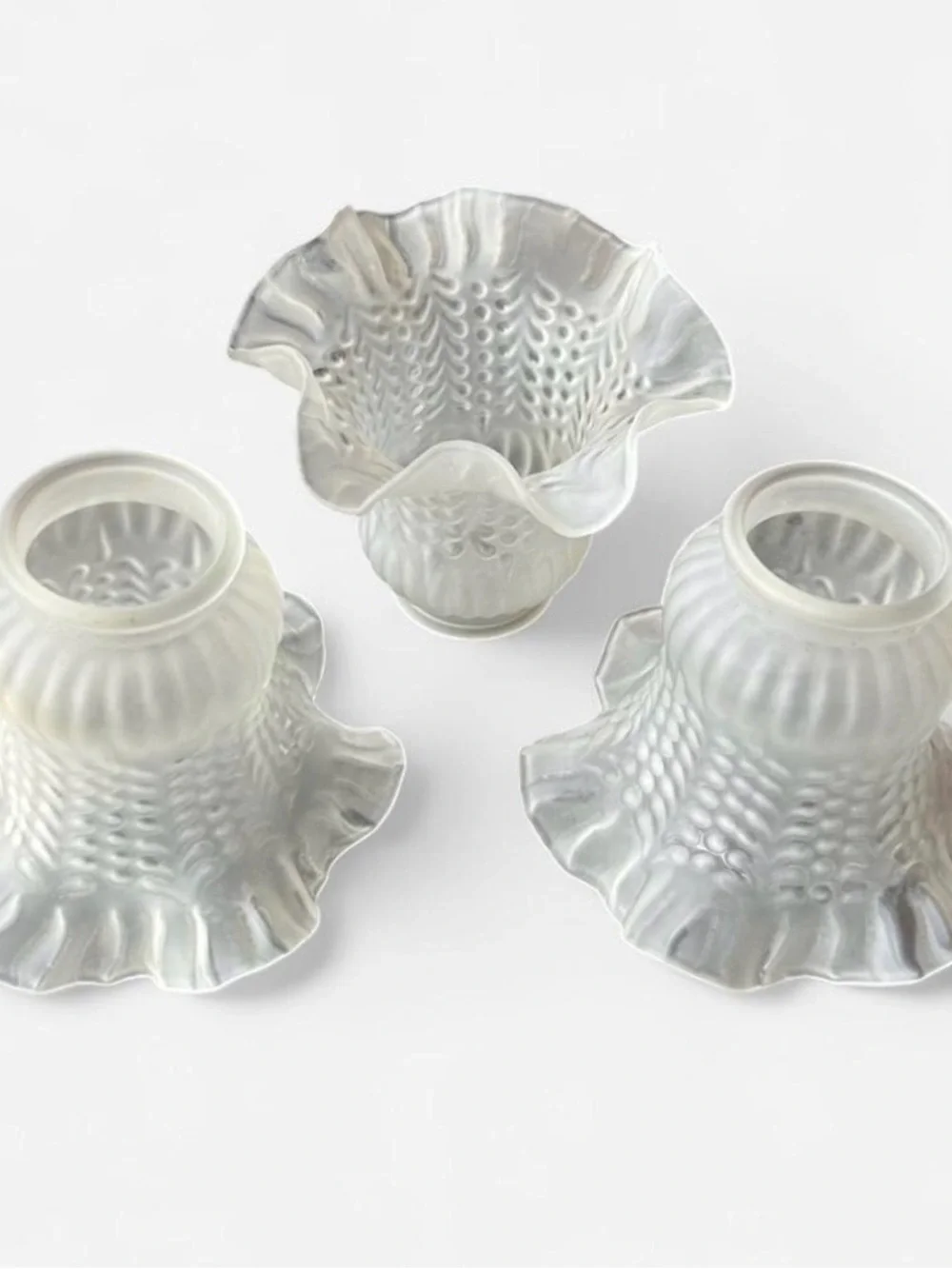 Vintage Frosted Hobnail, Ruffled Glass Shades - Set of 3- Standard 2” fitters.
